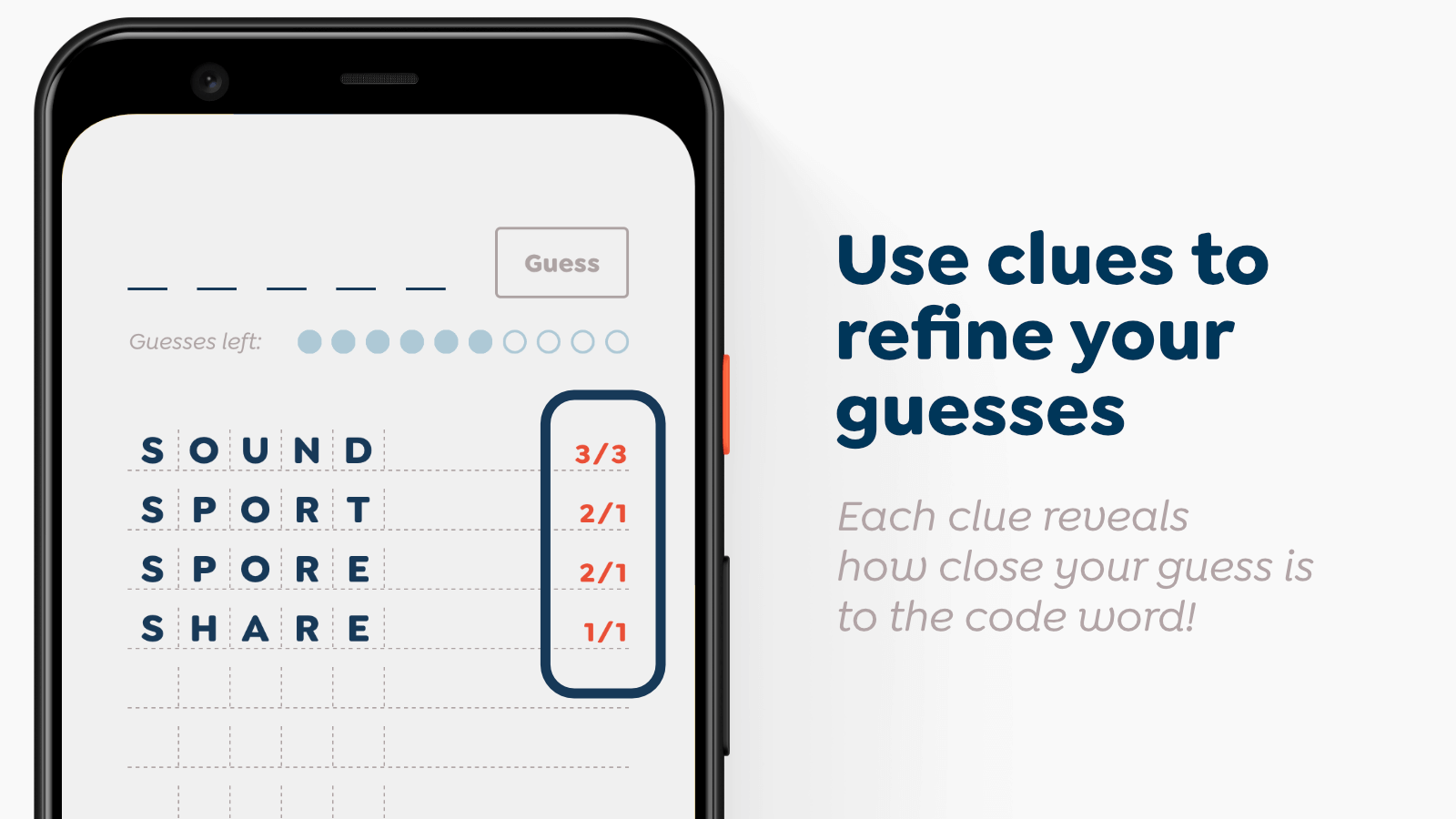 Use clues to refine your guesses. A clue of '3/2' means three letters in your guess are also in the code word, and two are in the same position in both words.